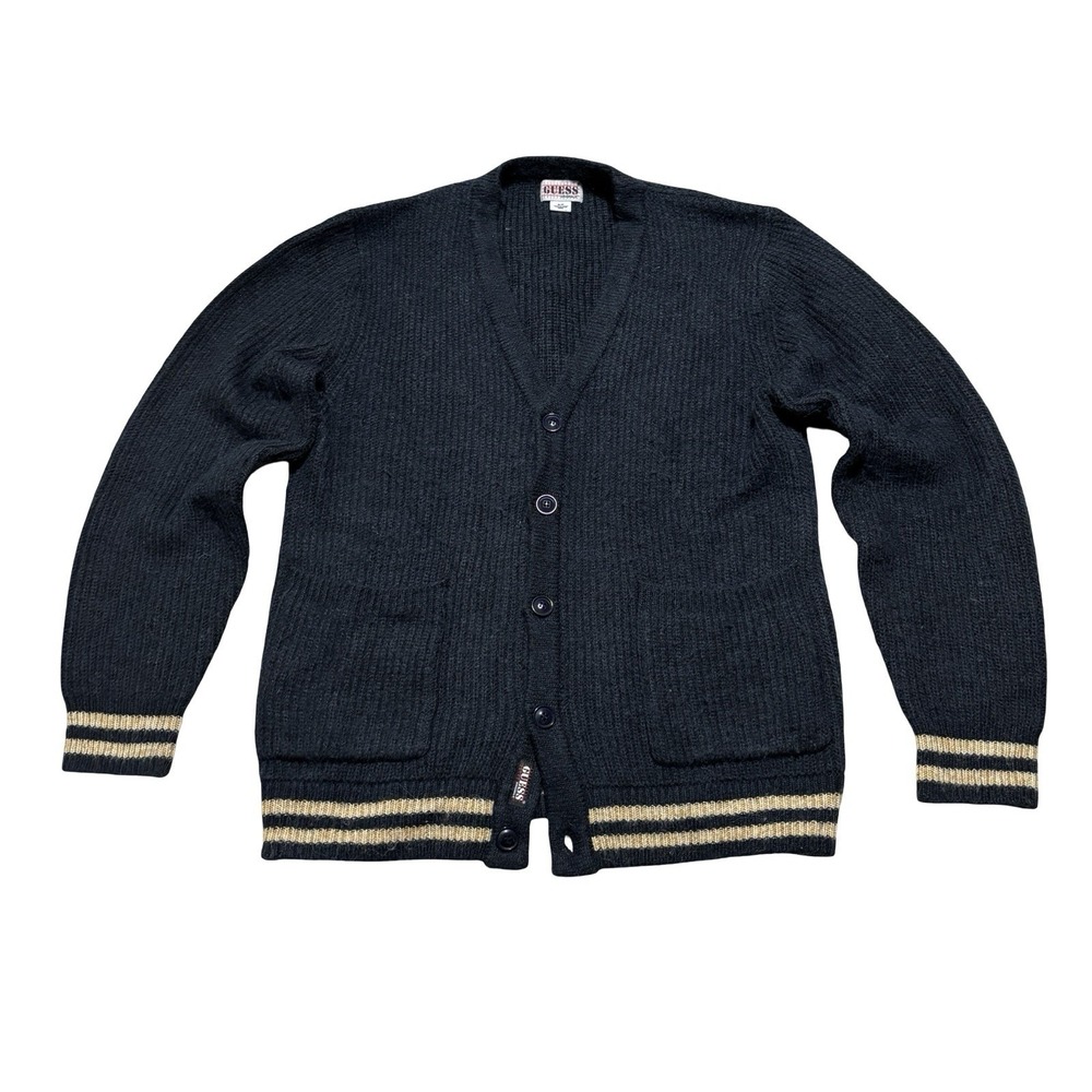 Vintage Guess Originals Men's Knit Varsity Cardigan Sweater Black Size S 21 x 28
